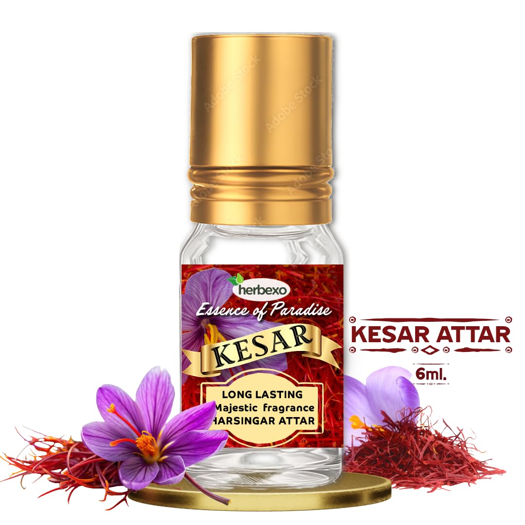 Herbexo Natural Saffron (Kesar) Attar for Pooja | Pure Saffron Flower Essence | Alcohol-Free, Long-Lasting Pure Fragrance