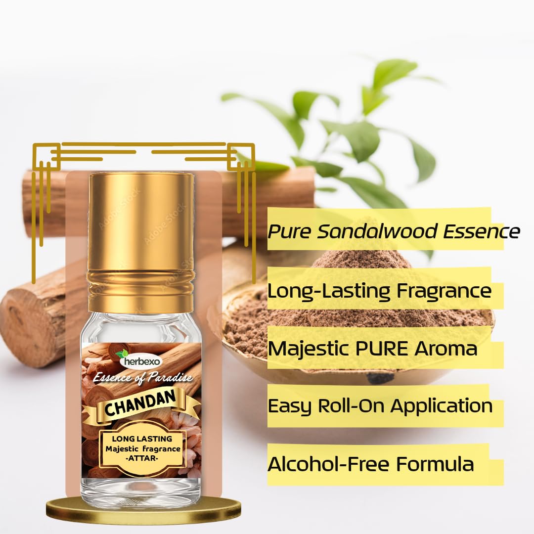 Herbexo Pure Sandalwood Attar | Natural Chandan Ittar for Pooja & Personal Use | Alcohol-Free, Long-Lasting Woody Fragrance | Skin-Friendly Perfume Oil