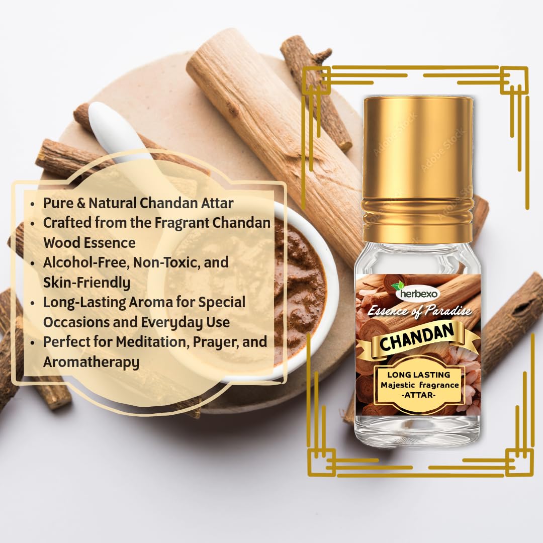 Herbexo Pure Sandalwood Attar | Natural Chandan Ittar for Pooja & Personal Use | Alcohol-Free, Long-Lasting Woody Fragrance | Skin-Friendly Perfume Oil