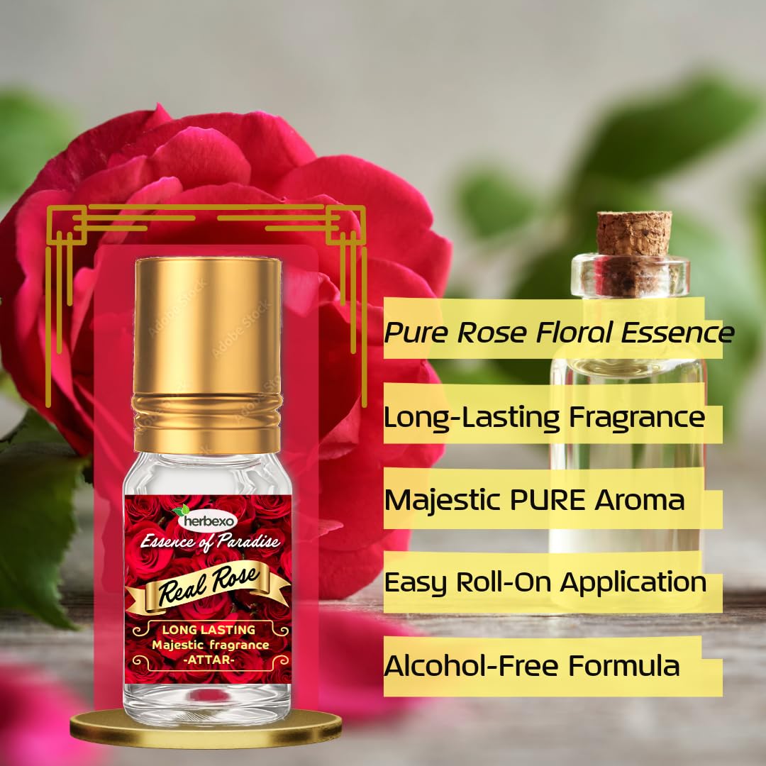 Herbexo Natural Rose Attar for Pooja & Personal Use | 100% Pure Rose Ittar Perfume Oil | Alcohol-Free, Long Lasting Floral Fragrance for Men & Women