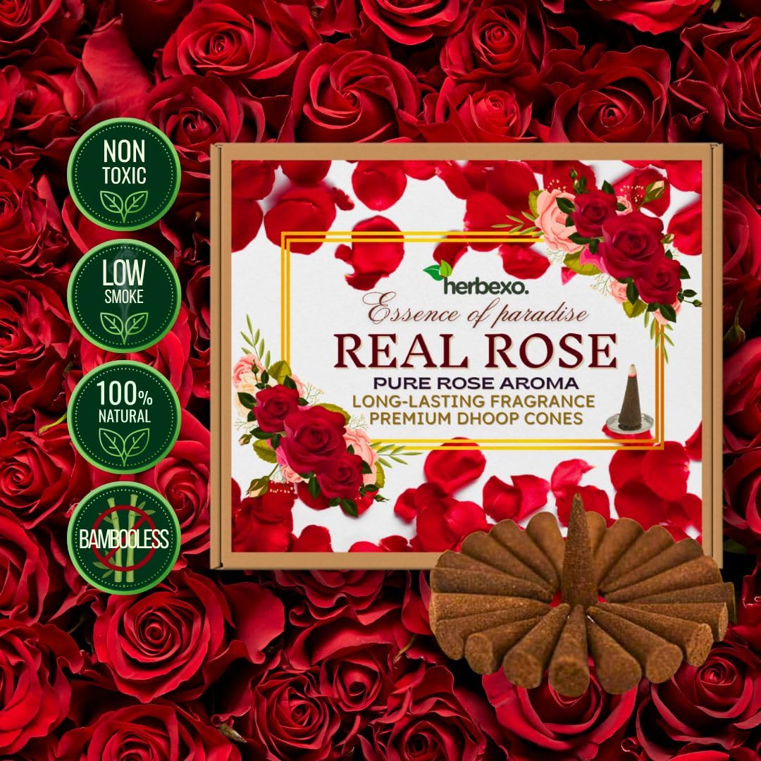 Real Rose Herbal Dhoop Cones for Pooja, Floral Calmness & Spiritual Upliftment – Natural Rose Petal Fragrance – Low Smoke, Charcoal-Free Dhoop Cones for Daily Devotion & Meditatio