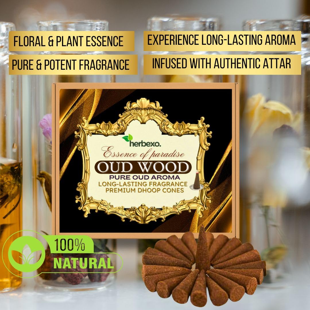 Herbexo Pure Oud Dhoop Cones - Premium Bakhoor Oud Incense - Aromatic Oudh Aroma - Ideal for Relaxation & Meditation - Eco-Friendly Slow Burning