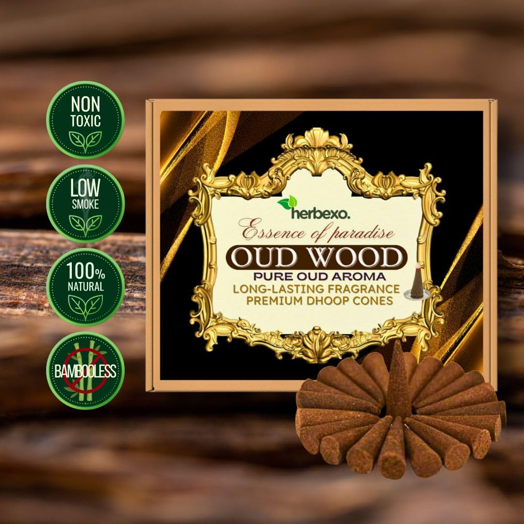 Herbexo Pure Oud Dhoop Cones - Premium Bakhoor Oud Incense - Aromatic Oudh Aroma - Ideal for Relaxation & Meditation - Eco-Friendly Slow Burning