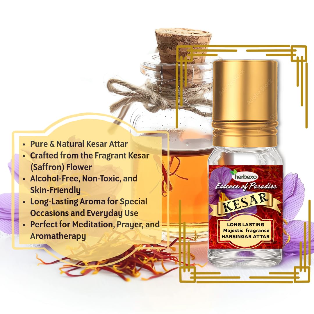Herbexo Natural Saffron (Kesar) Attar for Pooja | Pure Saffron Flower Essence | Alcohol-Free, Long-Lasting Pure Fragrance