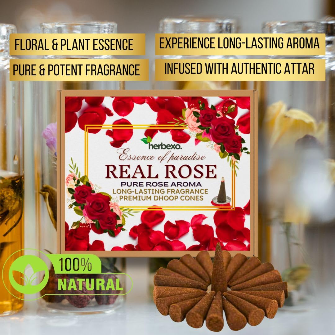 Real Rose Herbal Dhoop Cones for Pooja, Floral Calmness & Spiritual Upliftment – Natural Rose Petal Fragrance – Low Smoke, Charcoal-Free Dhoop Cones for Daily Devotion & Meditatio