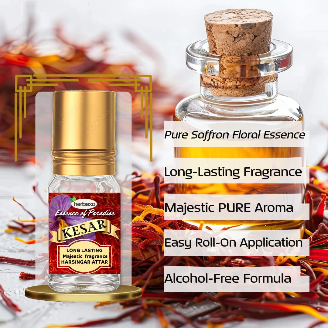 Herbexo Natural Saffron (Kesar) Attar for Pooja | Pure Saffron Flower Essence | Alcohol-Free, Long-Lasting Pure Fragrance