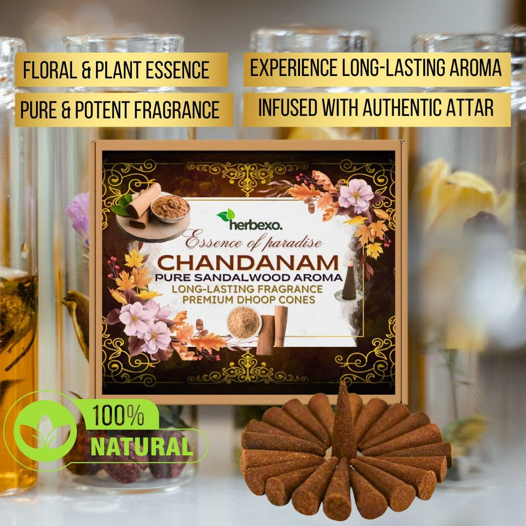 Shudh Chandan Dhoop, Herbal Dhoop, Pure Sandalwood Fragrance, Long Lasting, Low Smoke, 100% Natural Chandan Attar Infused Dhoop Cones