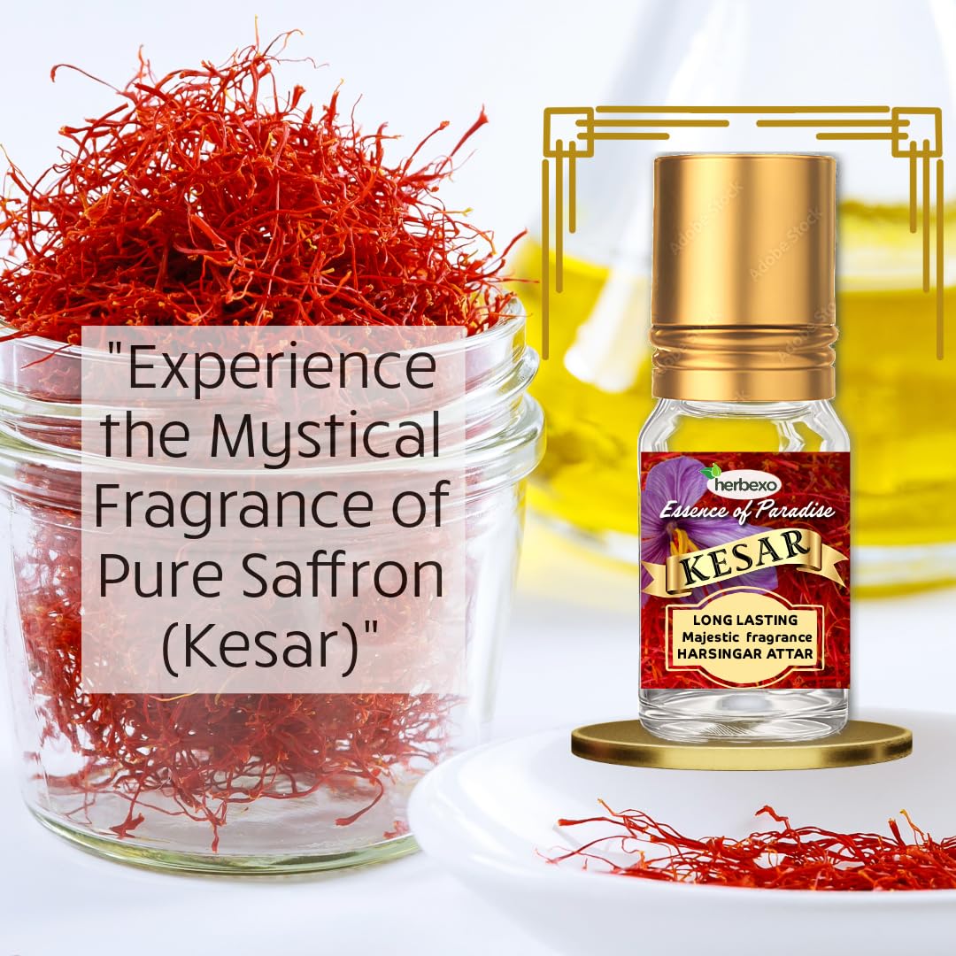 Herbexo Natural Saffron (Kesar) Attar for Pooja | Pure Saffron Flower Essence | Alcohol-Free, Long-Lasting Pure Fragrance
