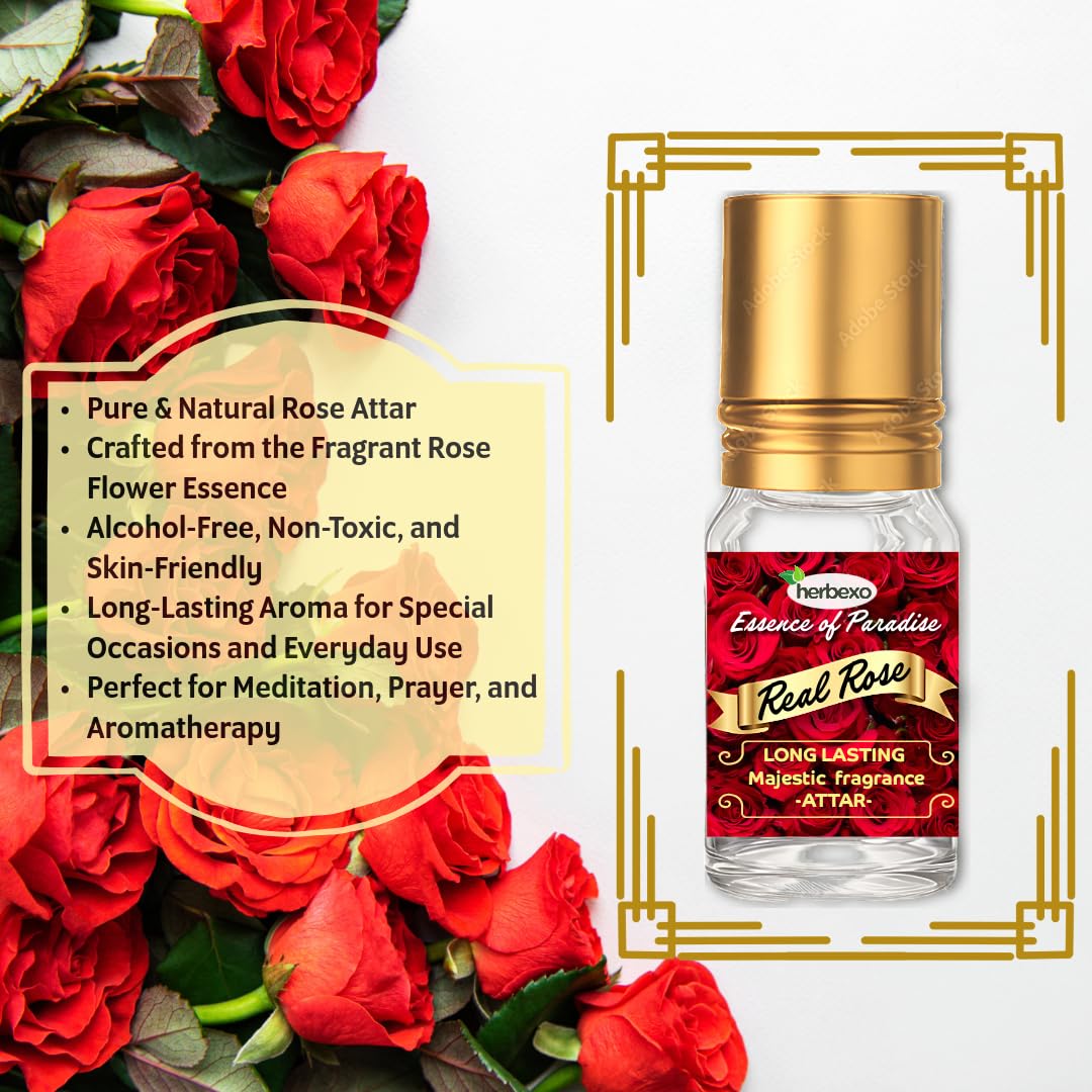 Herbexo Natural Rose Attar for Pooja & Personal Use | 100% Pure Rose Ittar Perfume Oil | Alcohol-Free, Long Lasting Floral Fragrance for Men & Women