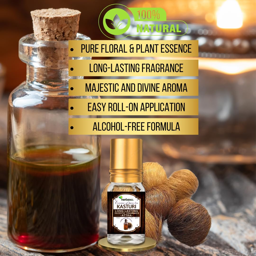 Herbexo Kasturi Attar | Pure Musk Perfume Oil for Pooja, Meditation & Personal Use | Alcohol-Free, Long Lasting Earthy Ittar for Men & Women