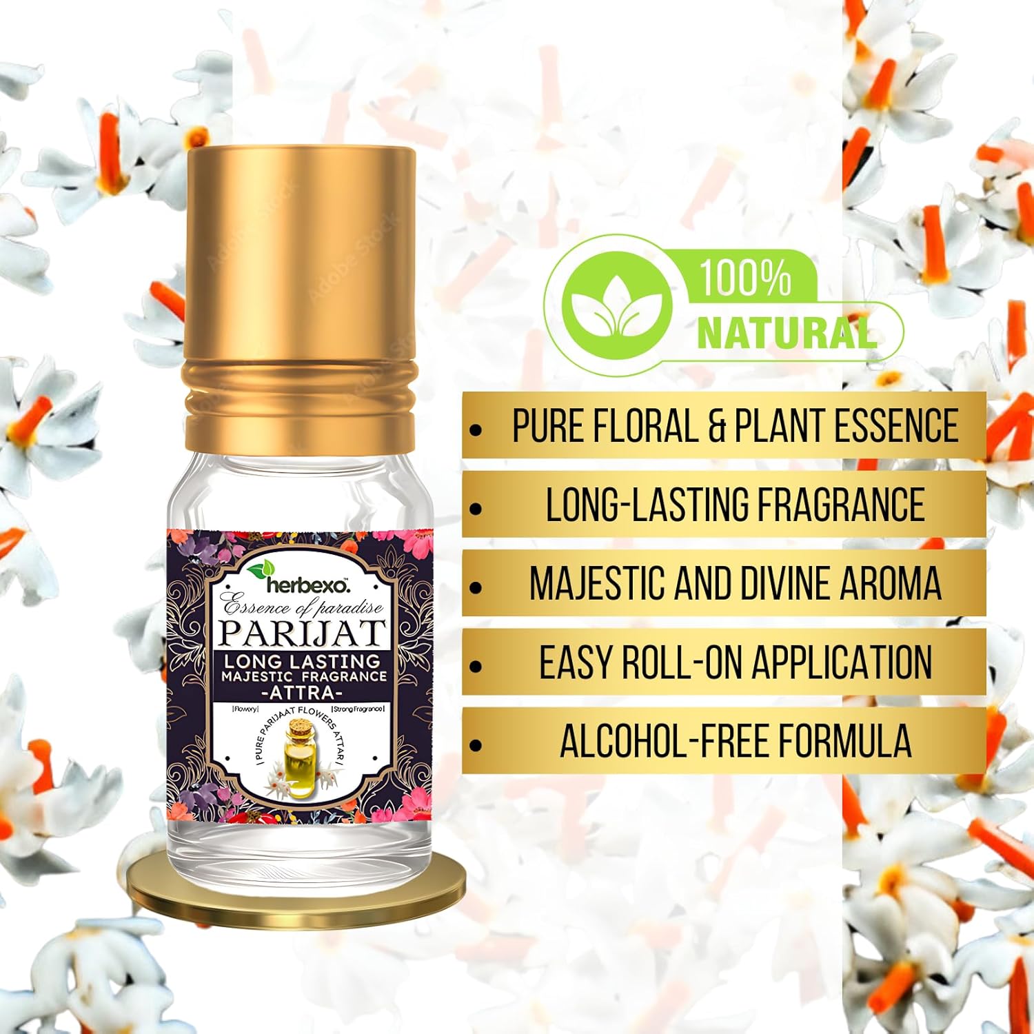 Pure Parijat Attar 6ml | Unisex Alcohol-Free Itt Perfume | Enchanting Night Jasmine Fragrance | Long Lasting Roll-On Ittar
