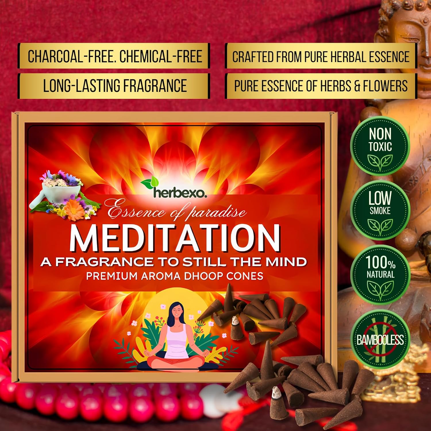 Calming Meditation Incense Dhoop Cones - Herbal Aroma for Focus & Stress Relief - Herbal Dhoop Cones Pack (Meditation)