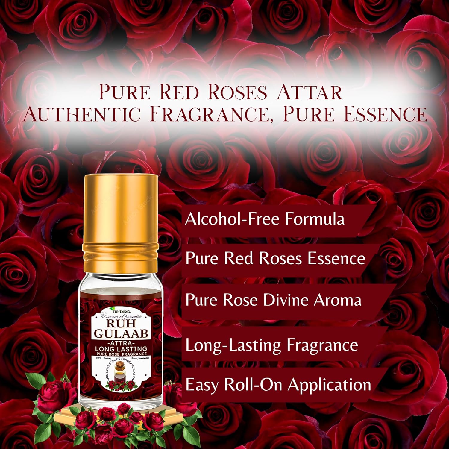 Ruh Gulaab Attar 6ml | Pure Red Rose Ittar | Long Lasting Natural Rose Perfume Oil | Alcohol-Free | Roll-On