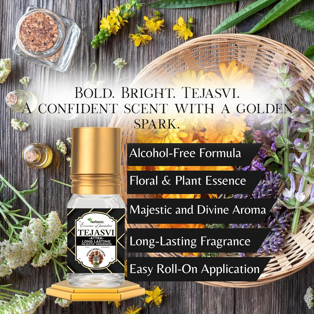 Tejasvi Attar for Men | Radiant Herbal Fragrance | Long-Lasting Alcohol-Free Perfume Oil | Natural Masculine Aroma | 6ml