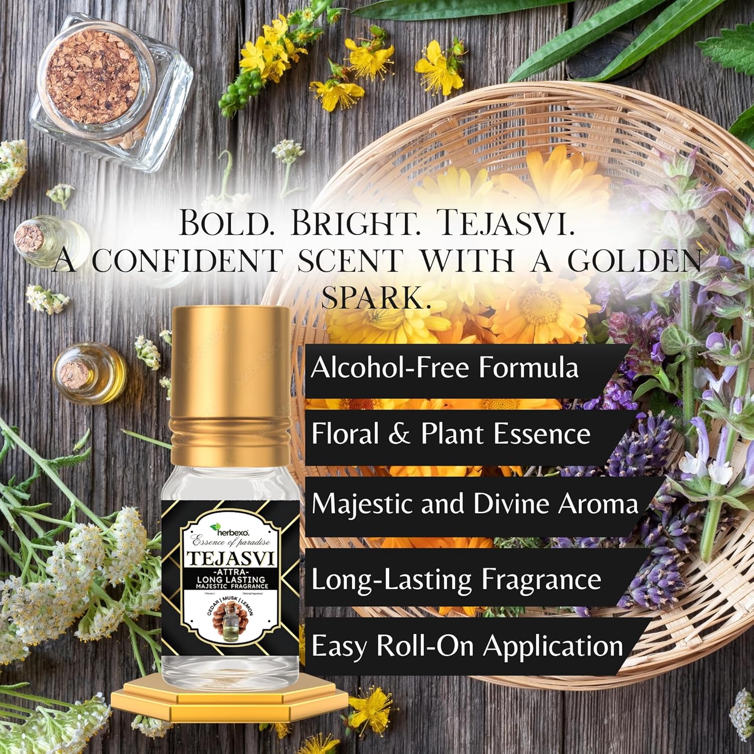 Tejasvi Attar for Men | Radiant Herbal Fragrance | Long-Lasting Alcohol-Free Perfume Oil | Natural Masculine Aroma | 6ml